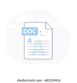 DOC file icon illustration. Smiley document file in doc format. Isolated vector in cute flat line style.