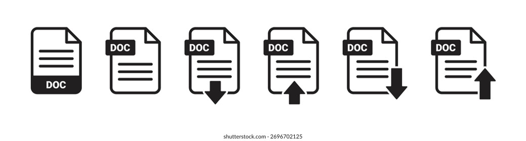 DOC file icons with download and upload arrows, representing word document management, transfer, and digital content sharing