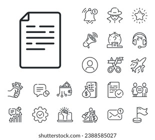 Doc file page sign. Salaryman, gender equality and alert bell outline icons. Document line icon. Office note symbol. Document line sign. Spy or profile placeholder icon. Online support, strike. Vector