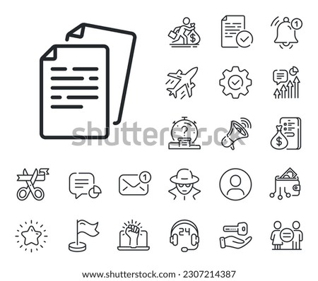 Doc file page sign. Salaryman, gender equality and alert bell outline icons. Documents line icon. Office note symbol. Documents line sign. Spy or profile placeholder icon. Vector