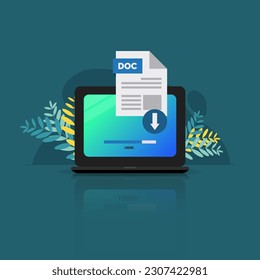 DOC format file on laptop screen. Downloading file with DOC label concept vector illustration