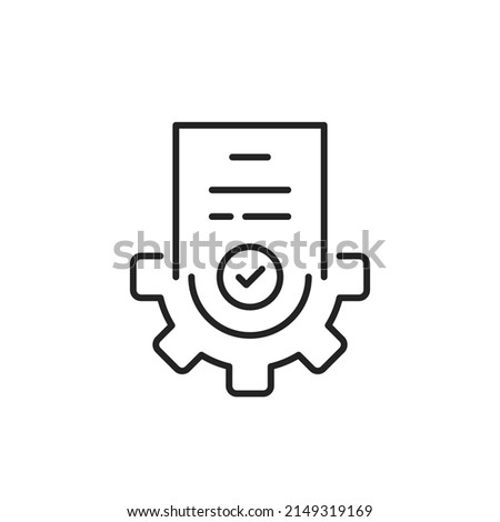 doc with gear icon like approved document flow. concept of paperwork regulatory process or checklist order. linear modern business efficiency logotype graphic stroke digital design isolated on white