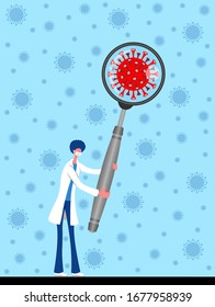 Doc holding a magnifier with corona virus icon. All the objects, shadows and background are in different layers. 