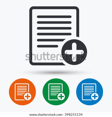 Doc icon. Add new file symbol. Plus sign. Flat sign in circles. Round buttons for web.