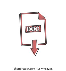 icono DOC. Descarga el estilo de caricatura del documento sobre fondo aislado blanco.