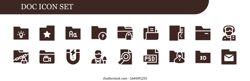 doc icon set. 18 filled doc icons. Included Folder, Reporter, Content, Psd icons