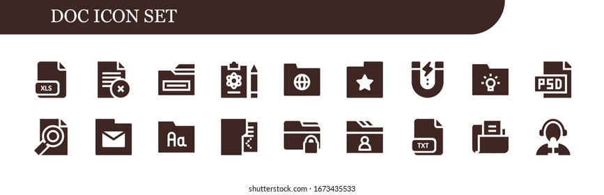 doc icon set. 18 filled doc icons. Included Xls, Folder, Report, Content, Psd, Txt, Reporter icons