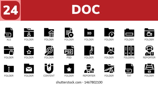 doc icon set. 24 filled doc icons.  Collection Of - Xls, Folder, Psd, Folders, Reporter, Content, Txt