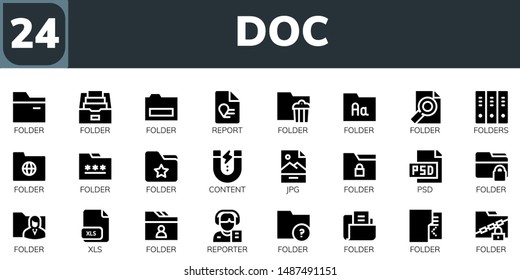 doc icon set. 24 filled doc icons.  Simple modern icons about  - Folder, Report, Folders, Content, Jpg, Psd, Xls, Reporter