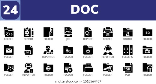 doc icon set. 24 filled doc icons.  Collection Of - Folder, Report, Jpg, Txt, Reporter, Folders, Psd icons