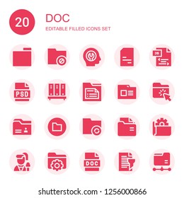 doc icon set. Collection of 20 filled doc icons included Folder, Fixed, Doc, Js, Psd, Reporter, Report