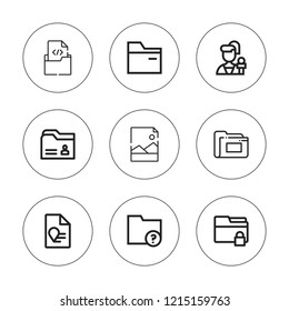 Doc icon set. collection of 9 outline doc icons with folder, jpg, report icons. editable icons.