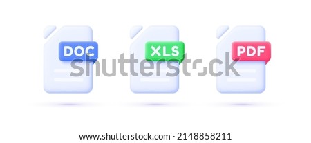 Doc, Xls, Pdf great design for any purposes. Set for paper design. 3d business icon set. Vector illustration file