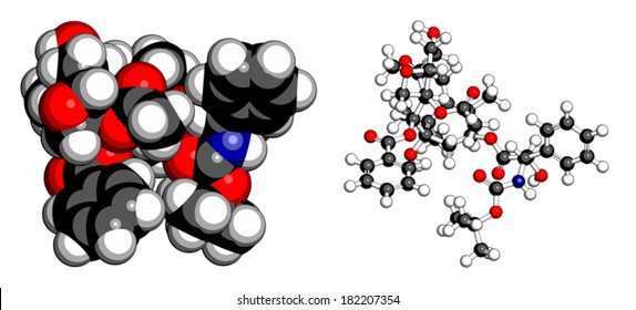 Docetaxel cancer chemotherapy drug molecule. Taxane class drug used in treatment of breast, prostate, lung and ovarian cancer (etc.) Atoms are represented as spheres with conventional color coding.