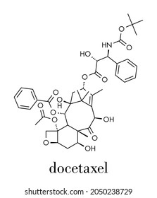 Docetaxel Cancer Chemotherapy Drug Molecule. Taxane Class Drug Used In Treatment Of Breast, Prostate, Lung And Ovarian Cancer (etc.) Skeletal Formula.