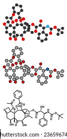Docetaxel cancer chemotherapy drug molecule. Taxane class drug used in treatment of breast, prostate, lung and ovarian cancer (etc.). Conventional skeletal formula and stylized representations.