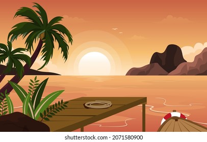 Dock Beach Landschaft Seeblick Urlaub tropische Vektorgrafik
