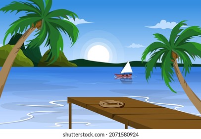 Dock Beach Landscape View Sea Vacation Holiday Tropical Vector Illustration