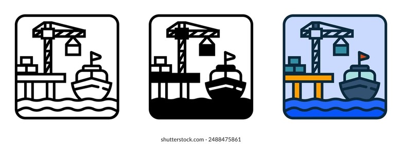 El ícono del muelle representa las actividades de amarre y marítimas, perfectas para Sitios web marinos, blogs náuticos y proyectos relacionados con el puerto.