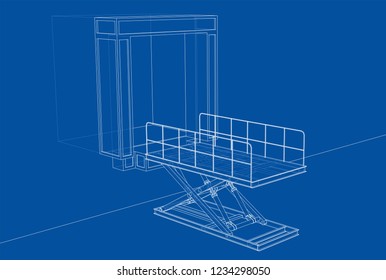 Dock leveler concept. Vector rendering of 3d. Wire-frame style. The layers of visible and invisible lines are separated