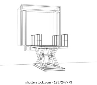 Dock leveler concept. Vector rendering of 3d. Wire-frame style. The layers of visible and invisible lines are separated