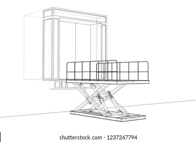 Dock leveler concept. Vector rendering of 3d. Wire-frame style. The layers of visible and invisible lines are separated