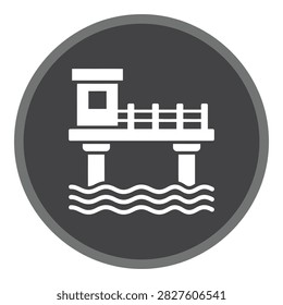 A dock pier extends over calm water with a fence railing and tower structure, evoking a sense of serenity and tranquility, ideal for nautical or travel themes