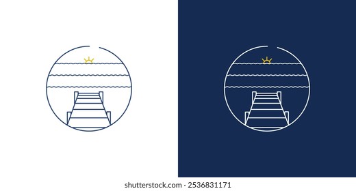 Dock water beach in the circle line icon logo pier vector design