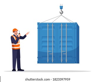 Dock Worker Semi Flat RGB Color Vector Illustration. Man Controlling Container Loading. Port Worker In Hard Hat With Walkie Talkie Radio Isolated Cartoon Character On White Background