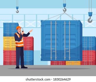 Dock worker semi flat vector illustration. Loading freight container. Cargo shipping service. Warehouse male worker in hard hat with walkie talkie radio 2D cartoon character for commercial use