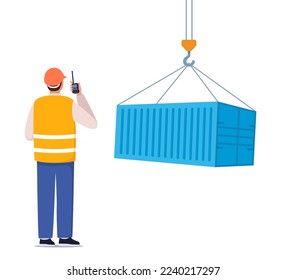 Dock worker semi flat vector illustration. Loading freight container. Cargo shipping service. Warehouse male worker in hard hat with walkie talkie radio 2D cartoon character for commercial use