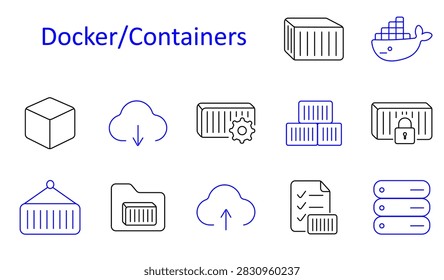 Docker Containers set icon. Container box, whale, cube, download cloud, gear container, stacked containers, locked, crane, folder, upload cloud, checklist, servers.