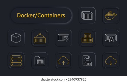 Docker Containers set icon. Cube stands solid. Crane lifts container. Container pairs gear. Stack forms boxes. gains lock. Server stacks layers. Folder holds. Cloud uploads data. Document pairs. Cloud