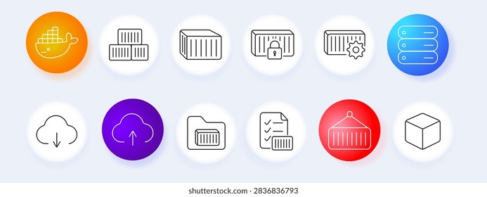 Docker Containers set icon. Whale ship, stacked boxes, single container, locked container, gear, server stack, cloud download, cloud upload, folder, checklist document, crane lift, cube block.