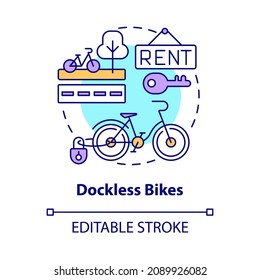 Dockless Bikes Concept Icon. Bicycle Sharing Category Abstract Idea Thin Line Illustration. Docking Station Absence. Bike-share System. Vector Isolated Outline Color Drawing. Editable Stroke