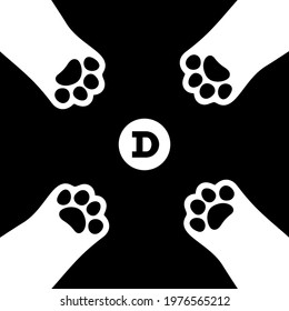 Docoin and four cute dog paws. Monochrome cartoon