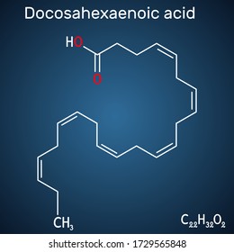 Docosahexaenoic Acid, DHA, Doconexent, Cervonic Acid Molecule. It Is Omega-3 Fatty Acid. Structural Chemical Formula On The Dark Blue Background. Vector Illustration