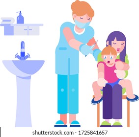 Docotr do injection for child in clinic, vector illustration. Medical vaccination in hospital, woman with syringe near crying child and mother. Immunization cartoon patient health, virus treatment.