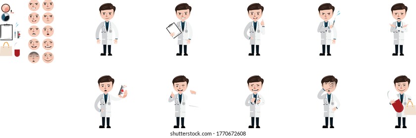 Docter in 10 actions set with props and faces that you can adjust 