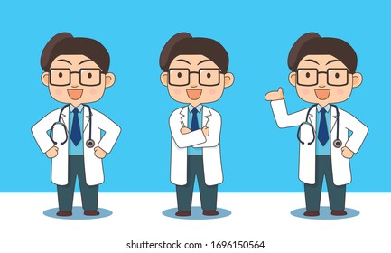 Doctor with 3 poses give information (with line stroke)