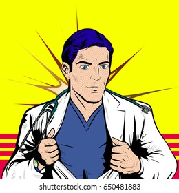 Doctor acting like a super hero and tearing his shirt off - Pop Art Comics Retro style. Concept of medical doctor fighting against global pandemic virus ripping coat. Vector illustration Retro Vintage