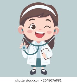 Doctor activities. Vector illustration of cute chibi character female doctor with stethoscope