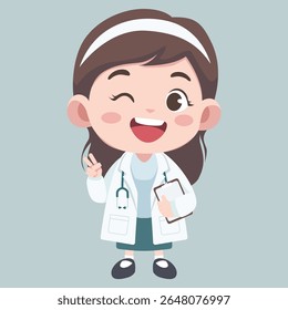 Doctor activities. Vector illustration of cute chibi character female doctor is comforting the patient