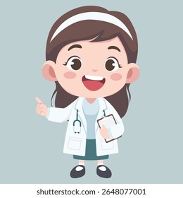 Doctor activities. Vector illustration of cute chibi character female doctor explain something