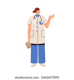 Doctor advertising, showing something with hand gesture. Woman medic, health care specialist, physician, general practitioner presenting aside. Flat vector illustration isolated on white background