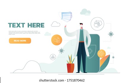 Doctor advice on how to protect yourself from the virus. Wash your hands, wear a mask, and avoid crowds. Flat vector illustration