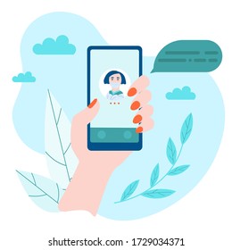 Doctor advise patient over the phone. Hand hold smartphone and call physician. Online doctor concept. Flat trendy vector illustration isolated on white background.