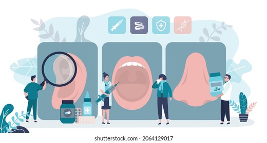 Doctor advises patient about treatment of disease. Otolaryngologist with medical instrument examines ear. ENT prescribes medications for girl with sore throat. Otolaryngology. Flat vector illustration