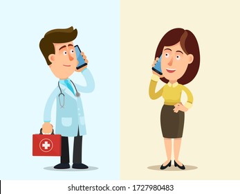 The doctor advises the patient on the phone. Physician speaking with sick woman on the smartphone during quarantine. Vector illustration, flat design, cartoon style, isolated background.