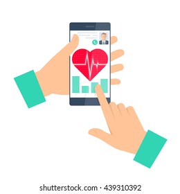 Doctor advises a patient on a phone. Telemedicine and telehealth flat concept illustration. Man hand, smartphone, heart with pulse on a screen. Vector element for tele and remote medicine infographic.